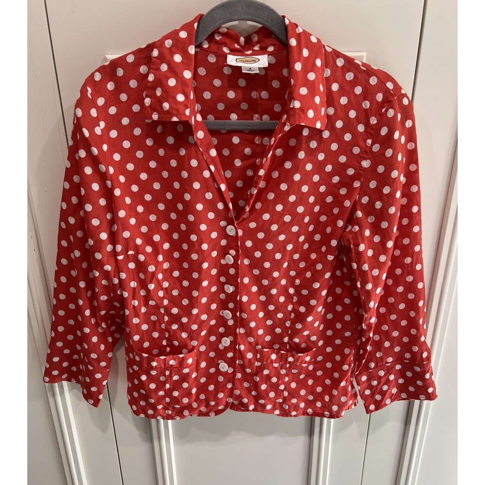 Talbots Dark Coral & White Polka Dot Lightweight Shirt Jacket Retro Linen